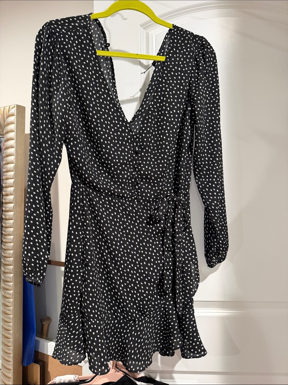 Abercrombie & Fitch Black Dress with White Dot Print - Long Sleeve Wrap
